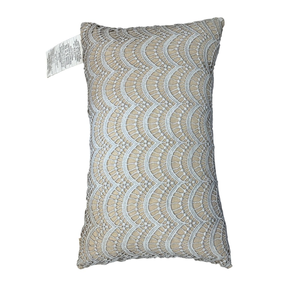 Thro Brynn Branwyn Metallic Lace Pillow 12x20 Natural Linen Silver ScallopedBoho